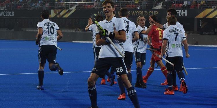 Timothee Clement celebrates after scoring against Spain at the Kalinga Stadium, Monday