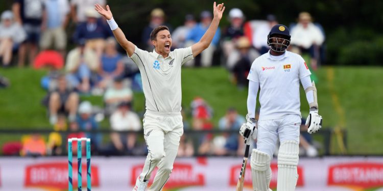 Trent Boult celebrates after taking a Sri Lankan wicket at Christchurch, Thursday
