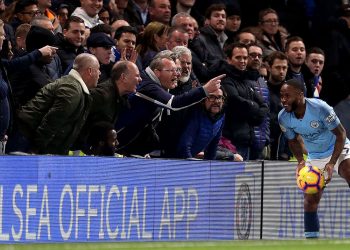 Chelsea fans abuse Manchester City’s Raheem Sterling during their EPL match Saturday at Stamford Bridge