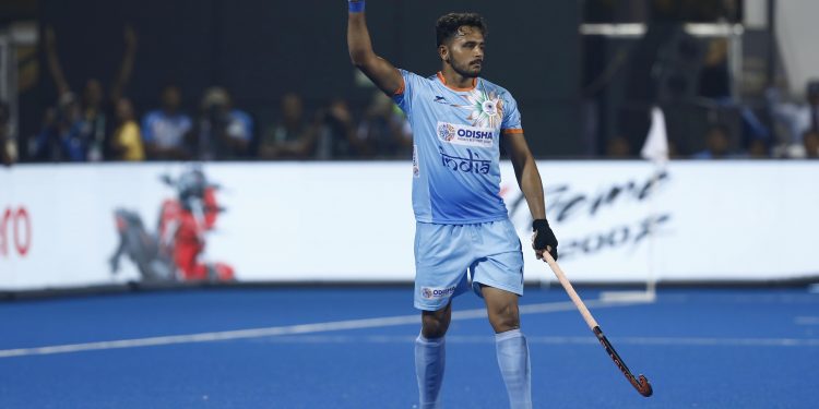 Harmanpreet Singh celebrates after scoring India's second goal against Belgium at the Kalinga Stadium, Sunday