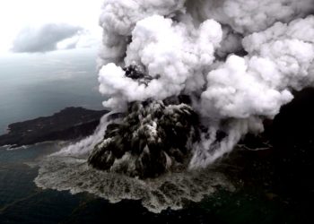 Anak Krakatoa is now just 110 metres high after losing two thirds of its height following the eruption that triggered the deadly tsunami (AFP)