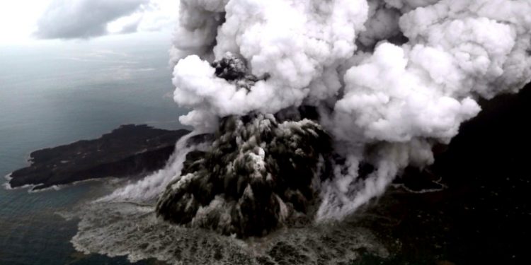 Anak Krakatoa is now just 110 metres high after losing two thirds of its height following the eruption that triggered the deadly tsunami (AFP)