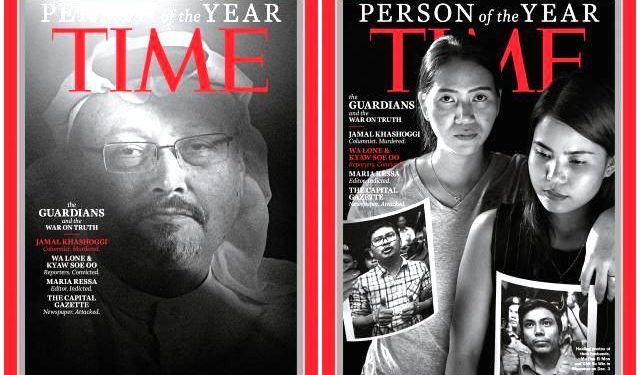 Saudi journalist Jamal Khashoggi (L) and Reuters journalists Wa Lone,32 and Kyaw Soe Oo,28.