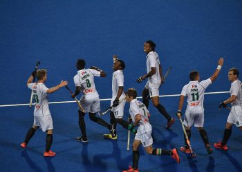 South Africa players celebrate after scoring against Canada at the Kalinga Stadium in Bhubaneswar, Sunday