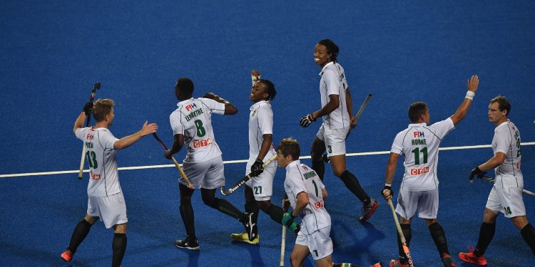 South Africa players celebrate after scoring against Canada at the Kalinga Stadium in Bhubaneswar, Sunday