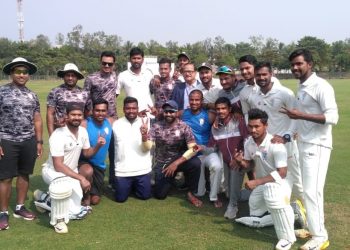 The triumphant Odisha team after their victory against Tripura at DRIEMS Ground in Cuttack, Saturday 
