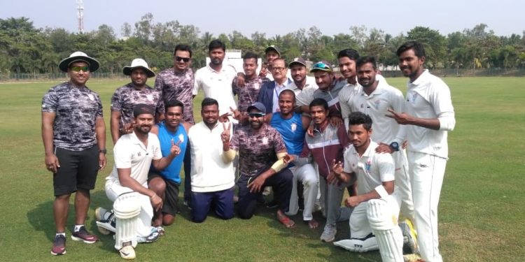 The triumphant Odisha team after their victory against Tripura at DRIEMS Ground in Cuttack, Saturday 