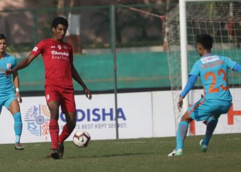 Willis Plaza (in red) scored the only goal against Indian Arrows at the Kalinga Stadium Sunday  