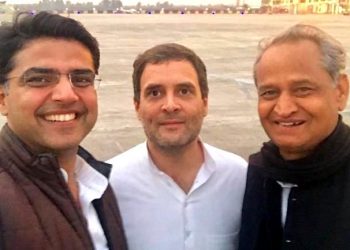 Sachin Pilot (L) with Rahul Gandhi and Ashok Gehlot(R). (Twitter)