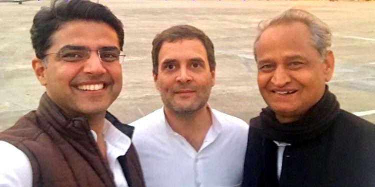 Sachin Pilot (L) with Rahul Gandhi and Ashok Gehlot(R). (Twitter)