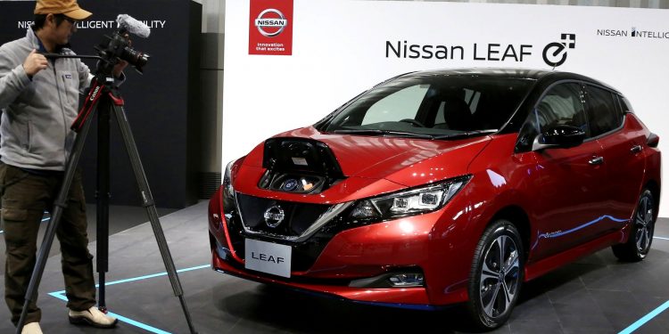 Nissan LEAF e+ is on display at the global headquarters of Nissan Motor Co., Ltd. in Yokohama Wednesday, Jan. 9, 2019. Nissan is showing the beefed up version of its hit Leaf electric car as the Japanese automaker seeks to distance itself from the arrest of its star executive Carlos Ghosn. The event at Nissan Motor Co.'s Yokohama headquarters, southwest of Tokyo, had been postponed when Ghosn was arrested Nov. 19.(AP)