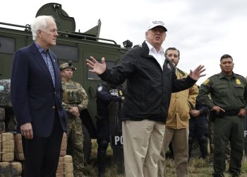 President Donald Trump speaks as tours the U.S. border with Mexico at the Rio Grande on the southern border, Thursday, Jan. 10, 2019, in McAllen, Texas, as Sen. John Cornyn, R-Texas, left, and Sen. Ted Cruz, R-Texas, listen. (AP)