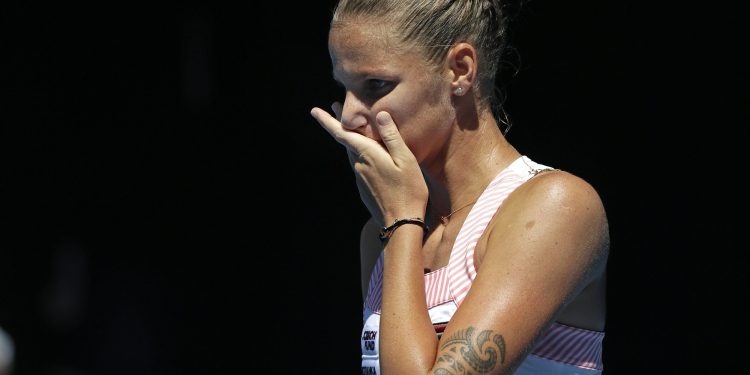 Karolina Pliskova of the Czech Republic reacts after defeating United States' Serena Williams in their quarterfinal match at the Australian Open tennis championships in Melbourne, Australia, Wednesday, Jan. 23, 2019. (AP)