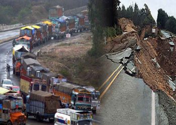 A composite image of the landslide and the traffic in J&K Highway