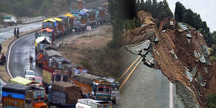 A composite image of the landslide and the traffic in J&K Highway
