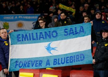 Cardiff fans hold up a banner in the colours of the Argentina flag honouring Emiliano Sala (AP)