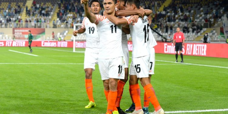 Sunil Chhetri celebrates one of his two goals against Thailand in the AFC Asian Cup Sunday