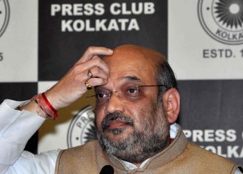 Amit Shah addressing a press conference in Kolkata (PTI)