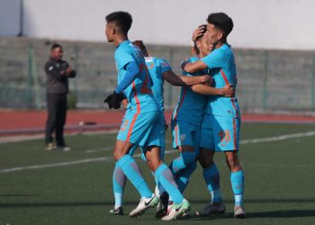 Indian Arrows players celebrate after scoring a goal against Shillong Lajong in Shillong, Sunday