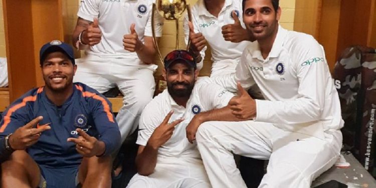 (Clockwise): Indian pacers Ishant Sharma, Jasprit Bumrah, Bhuvneshwar Kumar, Mohammed Shami and Umesh Yadav pose with the Border-Gavaskar trophy in their dressing room at SCG, Monday