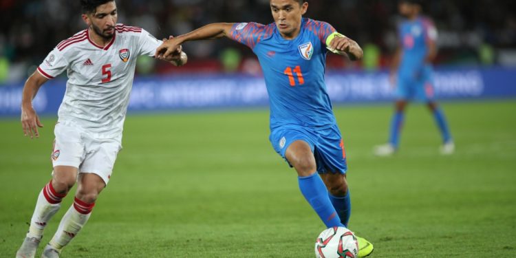 Sunil Chhetri, who is all set to equal Bhaichung Bhutia's record for most international appearances among for India, in action during the team's match against UAE
