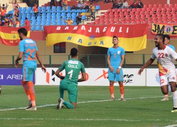 Jobby Justin (R) wheels away in celebration after scoring East Bengal’s second goal against Indian Arrows at Kalinga Stadium, Tuesday                                                 