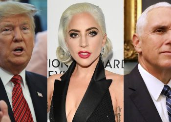 Prez Donald Trump(L), Lady Gaga(C) and American VP Mike Pence