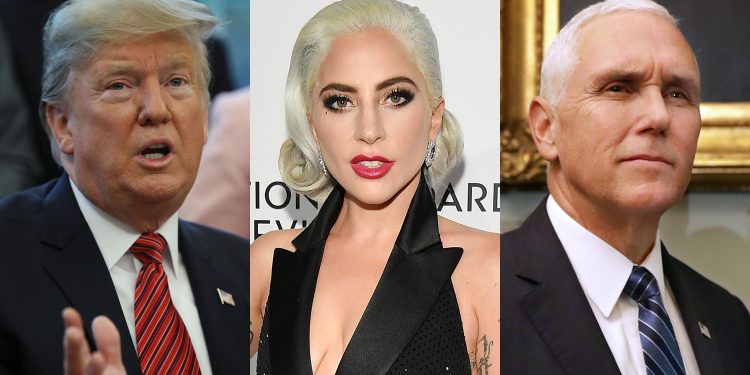 Prez Donald Trump(L), Lady Gaga(C) and American VP Mike Pence