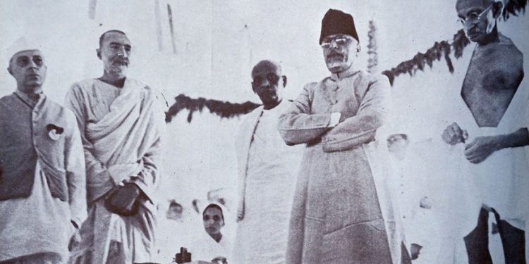 Mohandas Karamchand Gandhi with Jawaharlal Nehru. Khan Abdul Gaffar Khan. Sardar Patel and Maulana Abul Kalam Azad at the A.I.C.C. meeting. Delhi. (AFP/Getty Images)