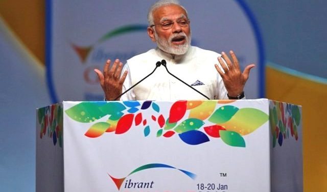 Prime Minister Narendra Modi speaks during the Vibrant Gujarat Global Summit in Gandhinagar, India, January 18, 2019. (REUTERS)