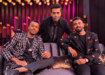 (From L): Hardik Pandya, Karan Johar and KL Rahul pose for a photograph at the talk show