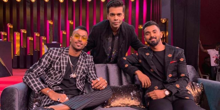 (From L): Hardik Pandya, Karan Johar and KL Rahul pose for a photograph at the talk show