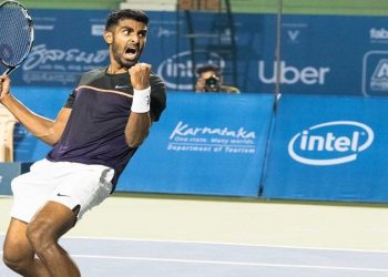 Prajnesh Gunneswaran celebrates after beating Enrique Lopez Perez in Melbourne, Thursday