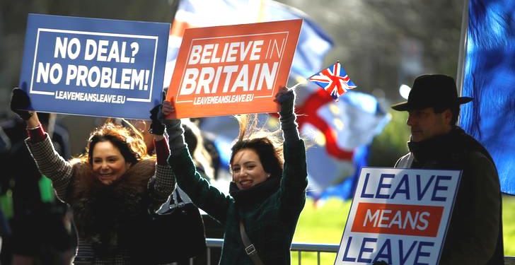 Pro-Brexit demonstrators are seen outside the Houses of Parliament in London, Britain, January 8, 2019. (REUTERS)