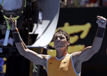 Rafa Nadal celebrates after his first round win at the Australian Open tennis tournament at Melbourne, Monday