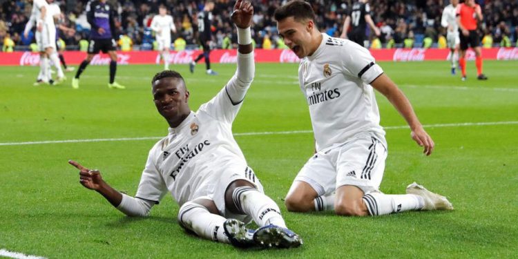 Real Madrid’s Vinicius Junior and Lucas Vasquez (R) celebrates the former’s goal against Leganes at Santiago Bernabeu, Wednesday 