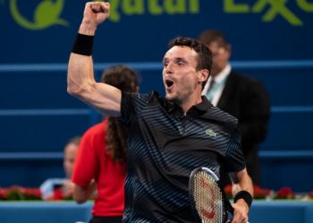 Roberto Bautista Agut reacts after beating Novak Djokovic in Doha, Saturday