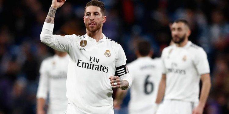 Sergio Ramos celebrates after scoring a goal against Girona
