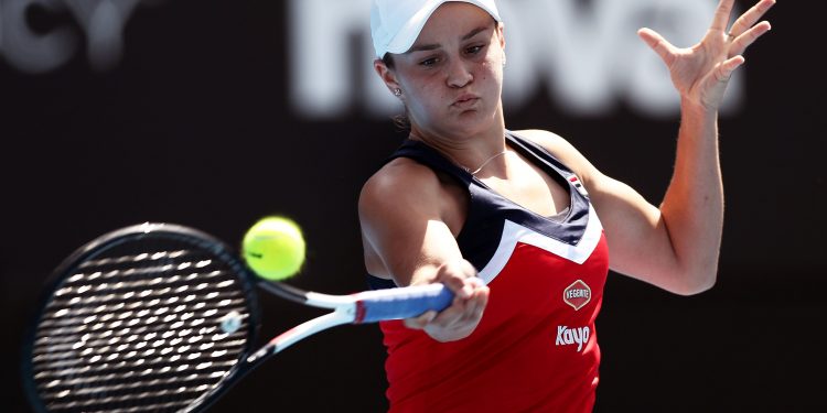 Ashleigh Barty plays a shot against Elise Mertens in Sydney, Thursday