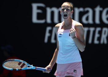 Karolina Pliskova celebrates her victory over Serena Williams in Melbourne, Wednesday