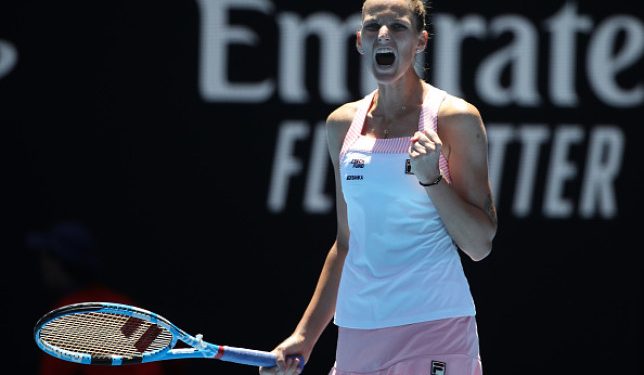 Karolina Pliskova celebrates her victory over Serena Williams in Melbourne, Wednesday