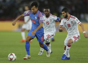 India’s Udanta Singh (in Blue) tries to control the ball as two UAE defenders chase him during the AFC Asian Cup game at Abu Dhabi, Thursday night