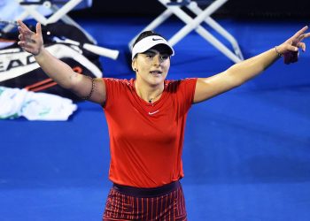 Bianca Andreescu celebrates after scripting an upset win over Venus Williams in Auckland, Friday