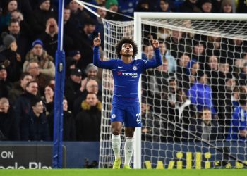 Chelsea’s Willian gestures towards the sky after netting one of his two goals against Sheffield Wednesday, Sunday 