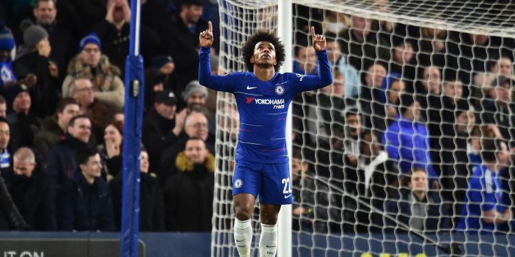 Chelsea’s Willian gestures towards the sky after netting one of his two goals against Sheffield Wednesday, Sunday 