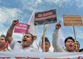 Guwahati: Activists of All Assam Students Union take part in 'Gana Satyagraha' protest rally against the Citizenship Amendment Bill 2016, in Guwahati on Friday, June 29, 2018. (PTI)