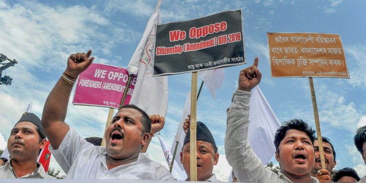 Guwahati: Activists of All Assam Students Union take part in 'Gana Satyagraha' protest rally against the Citizenship Amendment Bill 2016, in Guwahati on Friday, June 29, 2018. (PTI)