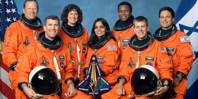 The crew of Shuttle Columbia, STS-107 (l-r): Mission Specialist 1 David M. Brown, Commander Rick D. Husband, Mission Specialist 4 Laurel Blair Salton Clark, Mission Specialist 2 Kalpana Chawla, Payload Commander Michael P. Anderson, Pilot William C. McCool, Payload Specialist 1 Ilan Ramon (NASA)