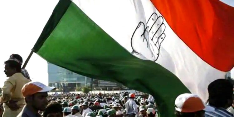 A supporter of Congress waves a flag at a Congress Rally (PTI)