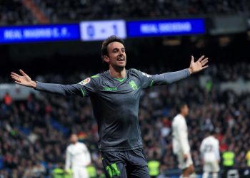Ruben Pardo celebrates after scoring Real Sociedad’s opener against Real Madrid at Santiago Bernabeu, Sunday